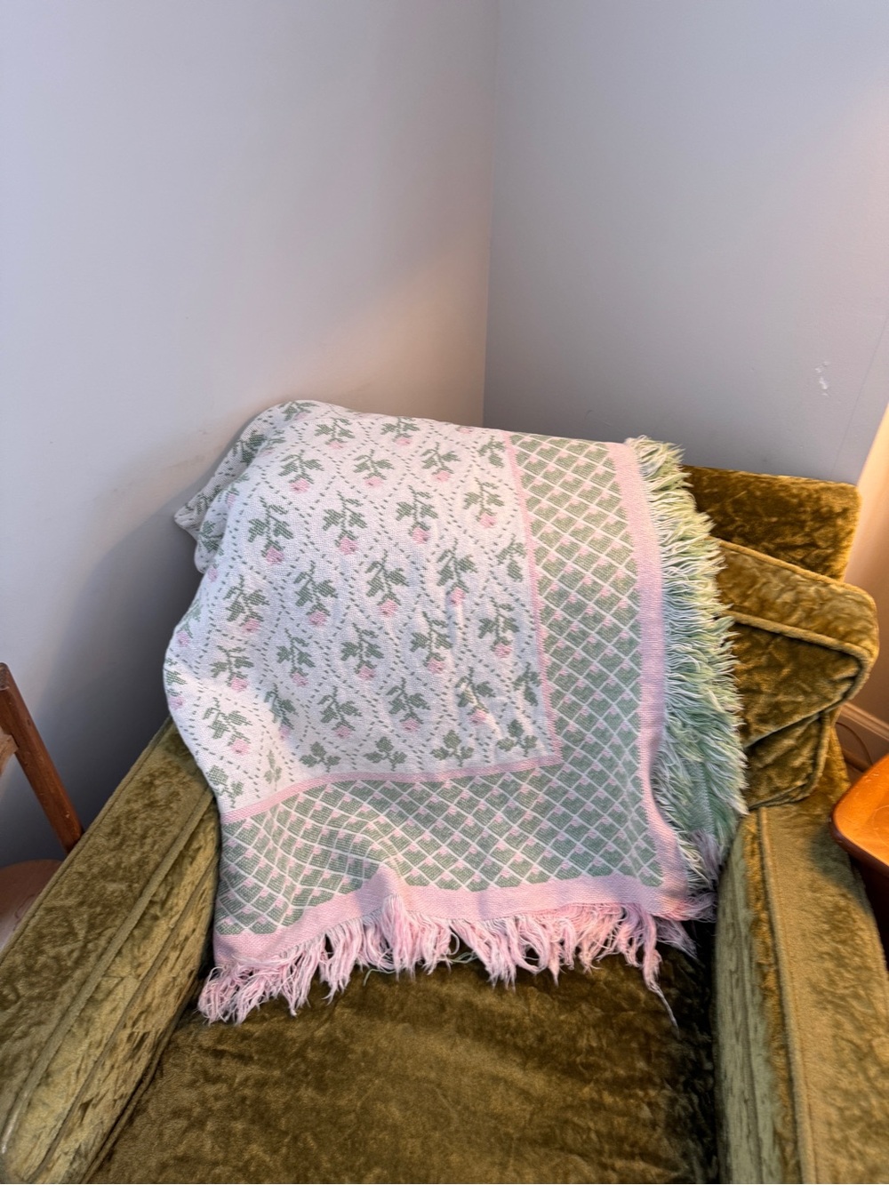 Soft Floral Throw Blanket in Pastel Pink and Sage